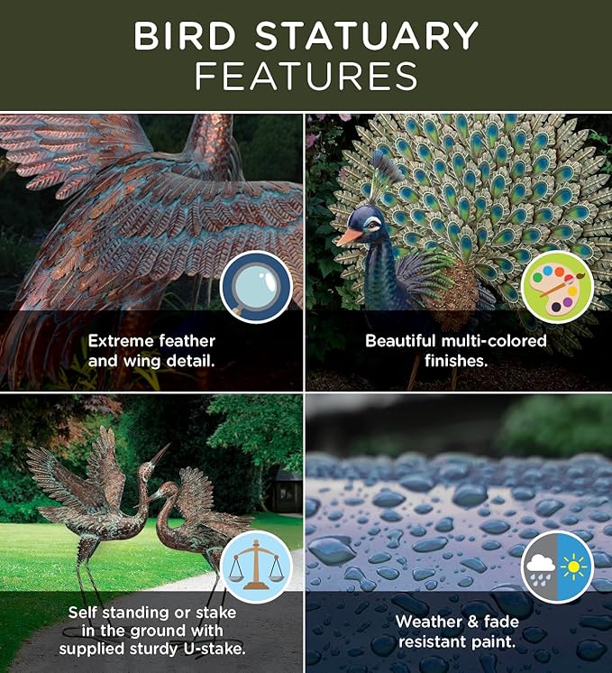 Regal Art & Gift Outdoor Garden Décor, Unique Bird Sculpture, Rustic Metal Bird Statues, Garden Ornaments, Bird Figurine for Lawn, Decorative Sculpture, Crane, Bronze/Green, Back Preening, 38"height