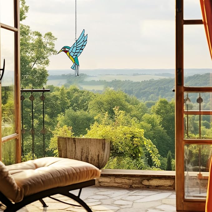 Stained Glass Hummingbird,Stained Glass Window Hanging, Flying Male Hummingbird suncatcher for Windows Doors Room Home, Hummingbird Deco, Gift for Mom, Father, and Nature Lovers.