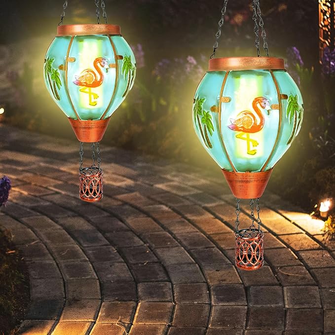 Flamingo Solar Hot Air Balloon Lantern, Outdoor Decor with Flame Lights Waterproof, Hanging Lights for Garden Yard Lawn Patio, Unique Gifts for Women Mom Grandma Gardener for Mother'Day
