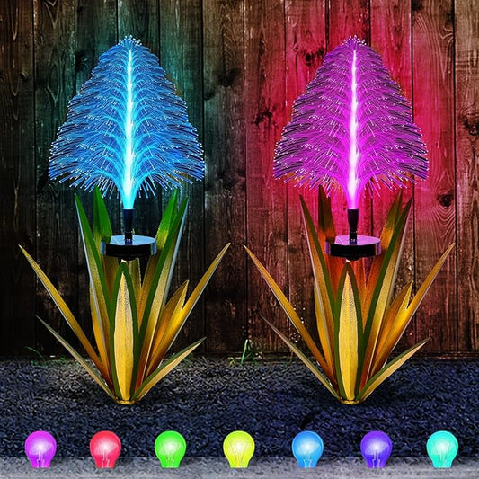 Metal Outdoor Decoration Gift Christmas Decorations Outdoor Metal Agave Yard Art Garden Lights Solar Outdoor, 7 Color Changing Garden Yard Pathway Xmas Decor Waterproof(2 pcs Light Green)