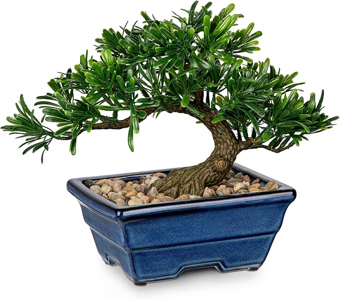 Artificial Bonsai Tree Faux Plants Indoor Small Fake Plants Decor with Blue Ceramic Pots for Home Table Office Desk Bathroom Shelf Bedroom Living Room Farmhouse Decorations