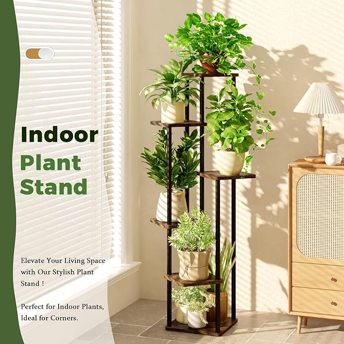 6 Tiered Plant Stand Indoor Corner Plant Shelf for Multiple Plants for Patio Garden Balcony Living Room Bedroom, Tall Metal Flower Pots Stand Relaxing for Women Gift Brown Oak