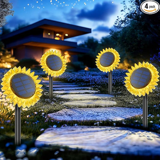 Solar Garden Lights - Upgraded Solar Sunflower Light, Ground/Wall 2 In 1, Solar Outdoor Lights Waterproof IP67,Garden Yard Patio Backyard Pathway Landscape Fence Wall Decoration, Warm White(4 Pack)