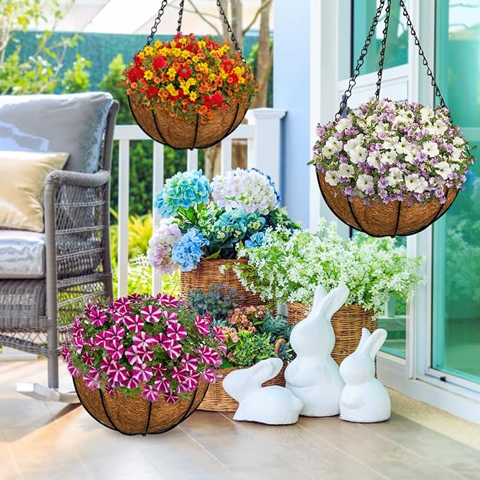 ZeeDix 3 Pack 14 Inch Metal Round Hanging Planter Basket with Coconut Liners Replacement, Hanging planters Baskets with Natural Coco Liner for Outdoor Indoor Planters Flowers Vegetables