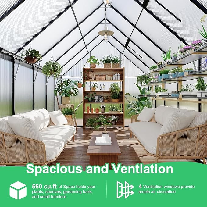 Greenhouse 6x4 FT Aluminum-Framed Heavy Duty Polycarbonate with Quick Setup Structure and Roof Vent Large Enhanced Outdoors Green House Kit