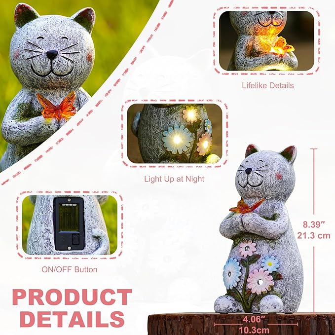 Solar Retro Cat Statue Outdoor - Resin Garden Outside Decorations with Butterfly for Patio,Balcony,Yard,Birthday Gardening Gifts for Women Mom