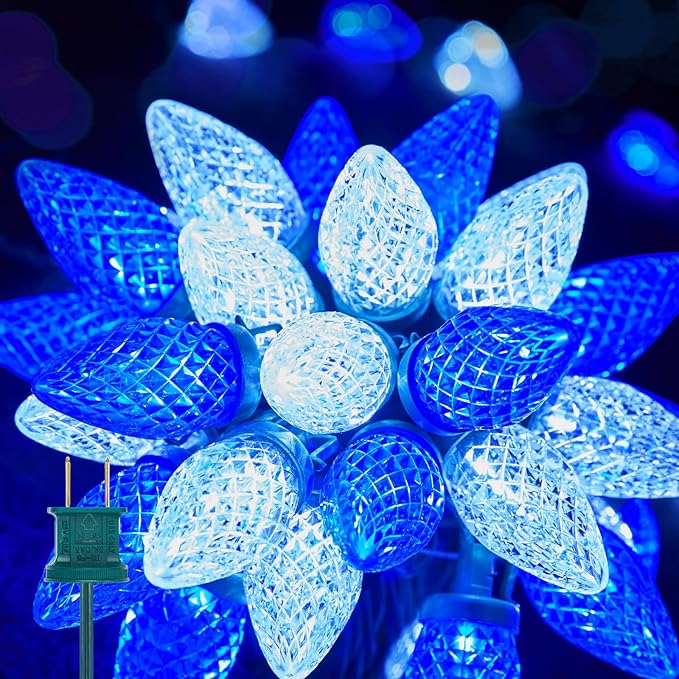 Brightown C9 LED Christmas String Lights, 66ft 100 LED Waterproof Strawberry String Lights, Plug-in Extendable Green Wire Lights String for Outdoor Outside Patio Party Decoration, Blue and White