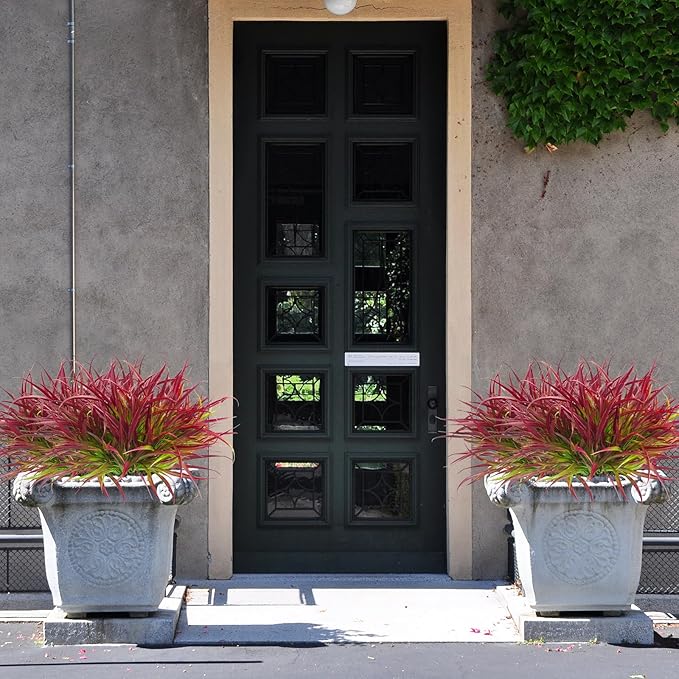 Uieke 6 Bundles Artificial Outdoor Plants UV Resistant Fake Grass Plants Faux Plastic Plants Greenery Shrubs for Home Garden Pathway Window Box Front Porch Summer Fall Decor, Deep Red