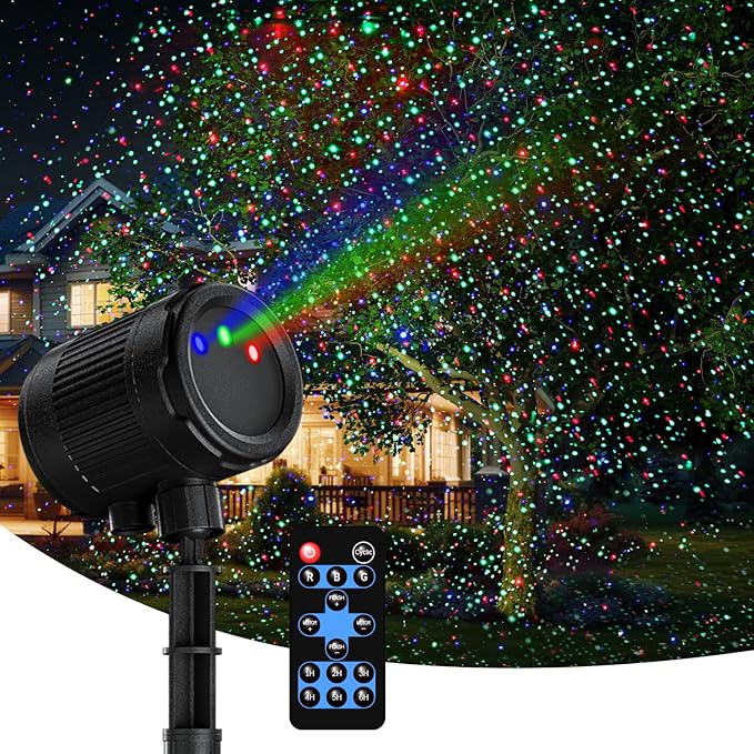Laser Christmas Projector Lights Outdoor,3 Colors Laser Projection Light with Remote Moving Firefly Light Show,Waterproof Holiday Projector for Garden Patio Camping Party Decoration & Gift