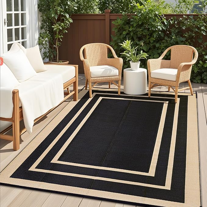 OLANLY Outdoor Rug 9x12 ft Waterproof, Reversible Outdoor Plastic Straw Rug, RV Mat, Indoor Outdoor Carpet Clearance for Patio, Camping, Balcony, Deck, Backyard, Black & Beige