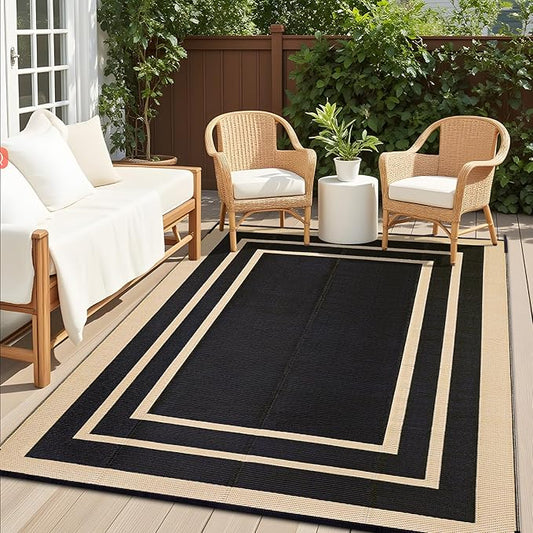 OLANLY Outdoor Rug 9x12 ft Waterproof, Reversible Outdoor Plastic Straw Rug, RV Mat, Indoor Outdoor Carpet Clearance for Patio, Camping, Balcony, Deck, Backyard, Black & Beige