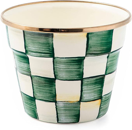 MACKENZIE-CHILDS Enamel Garden Pot, Decorative Pot for Plants, Outdoor Flowerpot Decor, Small, Green-and-White Emerald Check