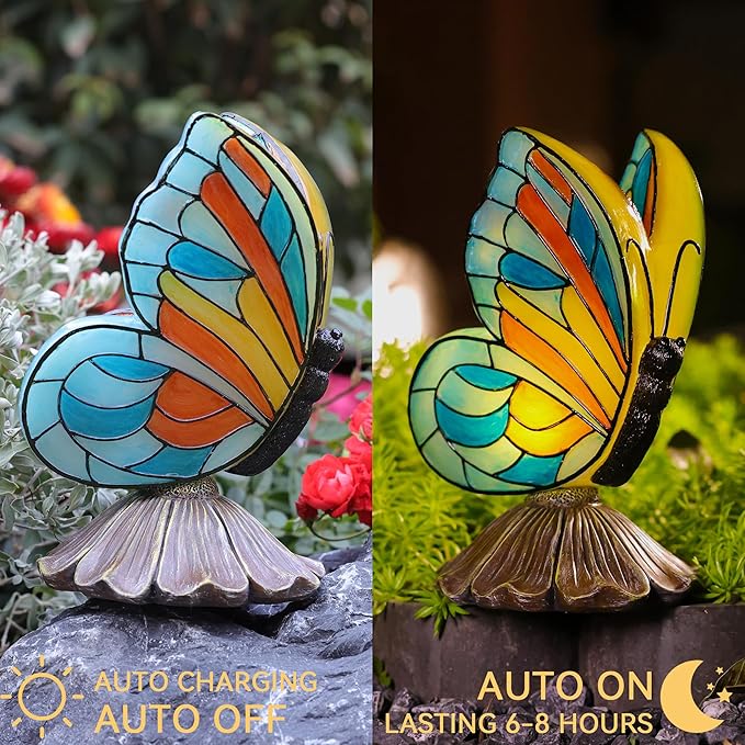 Solar Butterfly Garden Statues,Butterfly Decor for Outdoor,Resin Colorful Butterflies Figurine with Solar Light for Patio,Balcony,Yard,Lawn Ornament,Perfect Garden Gift