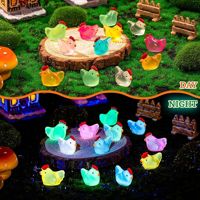 192PCS Luminous Mini Resin Chickens Miniature Animals, Tiny Chickens Miniature Figurines Glow in The Dark for Micro Garden, Potted Plant, DIY, Home Outdoor Party Decor (8 Colors)