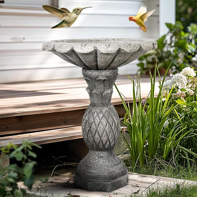 SKYFIRE 24.8" H Cement Modern Outdoor Bird Bath - Fibre Reinforced Concrete Bird Baths for Garden, Large Size Elegant Carved Garden Birdbaths with Pedestal for Patio, Backyard, Lawn Decor