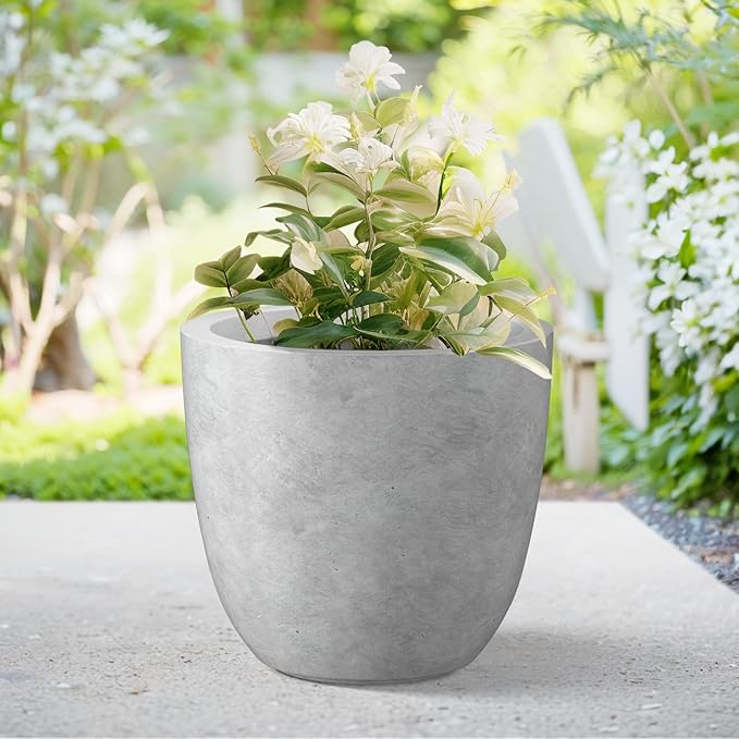 Kante 18 Inch Dia Round Concrete Planter, Indoor Outdoor Large Plant Pot with Drainage Hole and Rubber Plug for Home Patio Garden, Gray Concrete