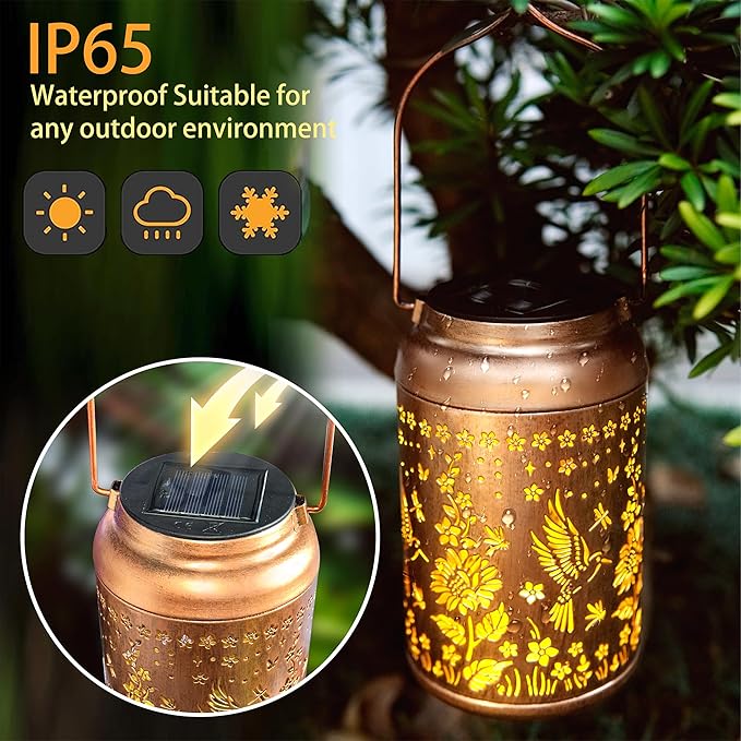 Outdoor Solar Waterproof Lantern Bee Garden Decorative Lights Hanging Solar Lights for Patio, Balcony, Backyard, Porch as Gift for Mom and Grandma (Hummingbird Flowers)