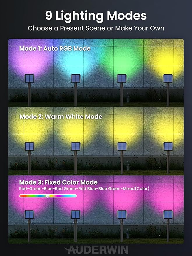 Color Changing Solar Spot Lights Outdoor, 9 Lighting Modes Colored Solar Lights Outdoor RGB Color, Solar Lights Waterproof IP67, Landscape Spotlights for Holiday Decorations, 2 pack