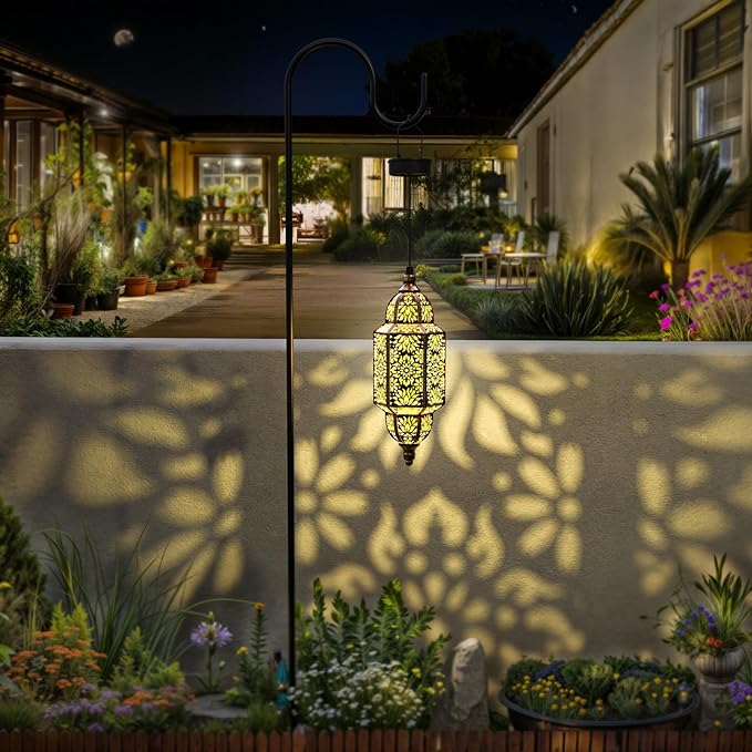 Twinkya 2 Pack Hanging Solar Lights Outdoor Garden Decorative Solar Lantern Waterproof Metal Moroccan Outdoor Decorations for Patio Pathway Yard Porch Backyard Garden Decor (Gold, 2 Pack)