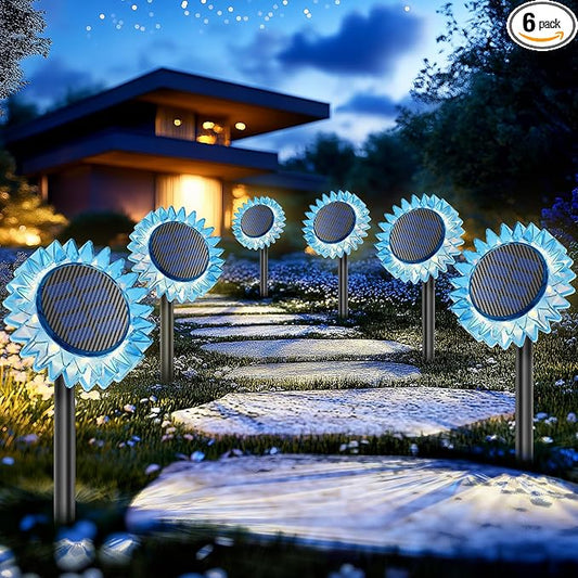 Solar Garden Lights - Upgraded Solar Sunflower Light, Ground/Wall 2-In-1, Solar Outdoor Lights Waterproof IP67,Garden Yard Patio Backyard Pathway Landscape Fence Wall Decoration, Warm White(6 Pack)