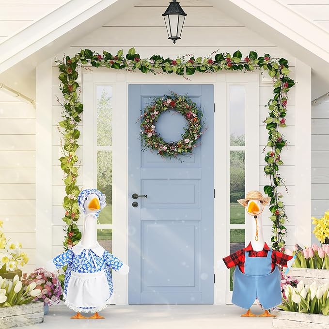 2 Set Spring Goose Outfit Blue Lawn Porch Goose Cloths Farmer Plastic Goose Costume for 23" Cement Goose Spring Outdoor Patio Yard Lawn Decoration