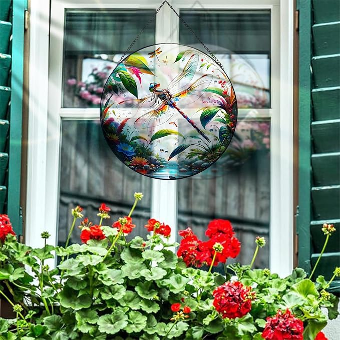 RIVEENY Stained Glass Window Hangings, 8" Stained Glass Decorations, Dragonfly Suncatcher for Indoor Garden Window Home Decor Dragonfly Gifts for Grandma,Mom