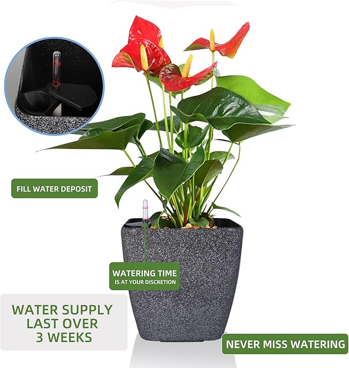 Dexceder 13x12 Self Watering Planter with Wheels Indoor Outdoor, Inner Mat Design, Thickened Large Floor Standing Flower Plant Pot with Water Level Indicator (Stone Matte)