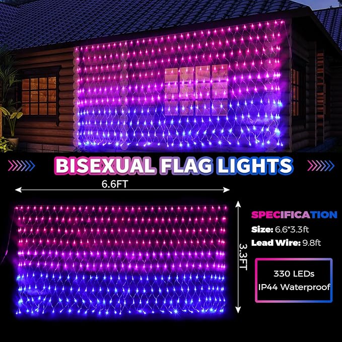RJZZ Bisexual Flag Lights Outdoor, 6.6x3.3 FT Pride Decorations Connectable, 330LED Waterproof Bi Flag With Lights for Wall, Room, Yard, Party, Office