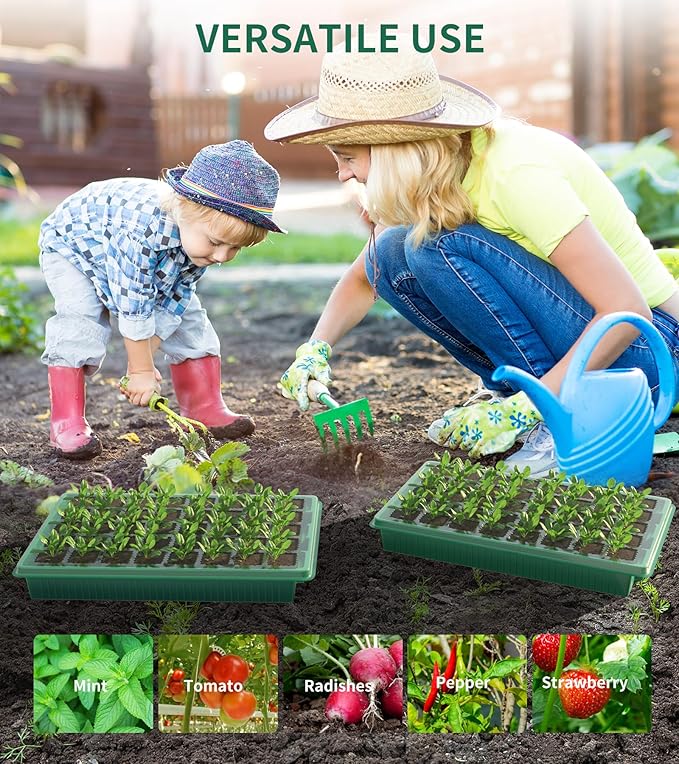 Seed Starter Tray, 80-Cells Seedling Starter Trays with Grow Light and Humidity Dome, Reusable Seed Germination Kit for Indoor Gardening Seed Starting (2 Pack, Green Base)