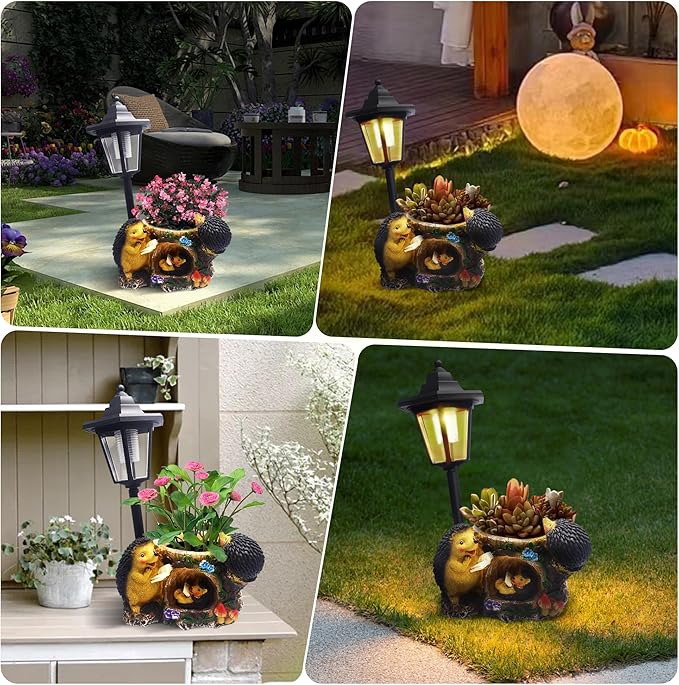 Outdoor Hedgehogs Statues Solar Sculptures with Solar Lights and Flowerpot Funny Garden Decor Animal Figurines Resin Outdoor Statues for Patio Yard Lawn Balcony Gifts