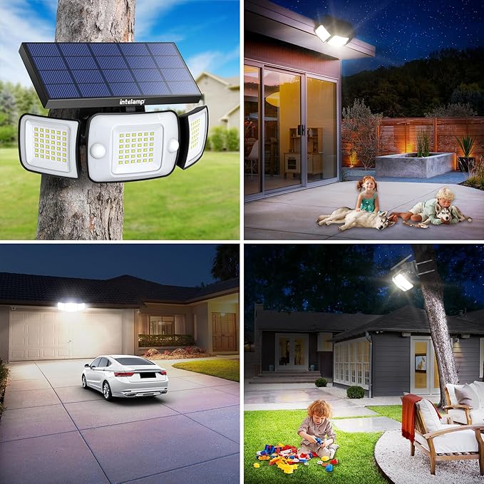 intelamp Solar Flood Lights Outdoor Waterproof, 6000mAh 1200LM Solar Powered Dual Motion Sensor LED Lighting Dusk to Dawn Security Floodlight Exterior with Remote for Outside Garden House Yard Porch