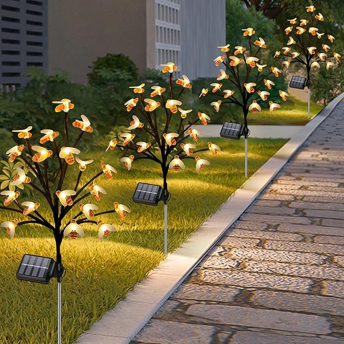 Solar Garden Lights Outside - 4 Pack 80 LED Solar Bee Lights Outdoor Waterproof with 8 Modes Landscape Decoration for Garden Patio Yard Walkway Grass Spring Decor (Warm White)