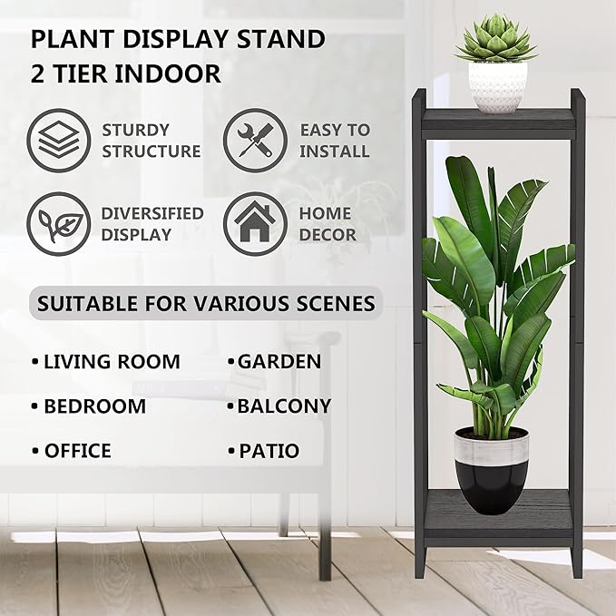 34" Tall Plant Stand Indoor, 2-Tier Modern Plant Shelf Corner Flower Pot Holder Organizer for Living Room Balcony Garden, Black