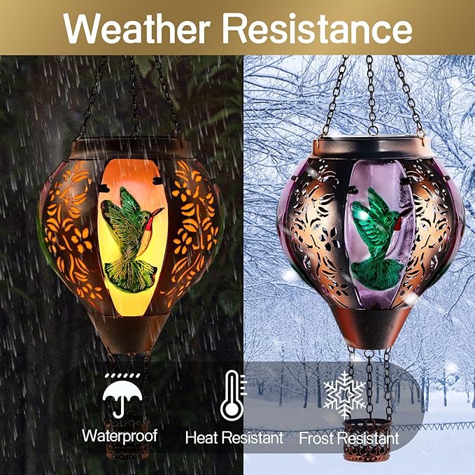 Hot Air Balloon Solar Lantern Outdoor - Flame Hanging Solar Light Waterproof Lanterns for Patio Garden Yard Farmhouse Decor, Great Gift(Hummingbird 2)