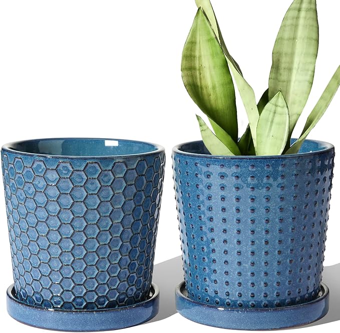 LE TAUCI Ceramic Pots for Plants, 5.5 Inch Plant Pots with Drainage and Saucer, Indoor Plant Pots for Succulents, Snake Plants, Cactus, and More, Set of 2, Reactive Glaze Blue