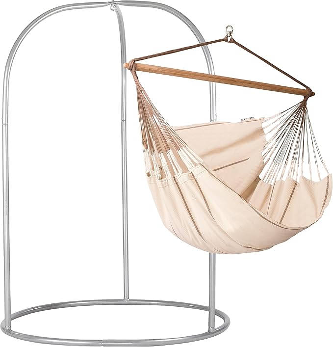 LA SIESTA - XL King Habana Cotton Hammock & Romano Steel Stand - Indoor Outdoor Hanging Hammock Swing for Bedroom Porch Balcony - Boho Hanging Chair - Nougat
