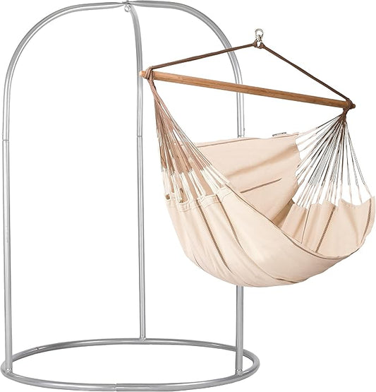 LA SIESTA - XL King Habana Cotton Hammock & Romano Steel Stand - Indoor Outdoor Hanging Hammock Swing for Bedroom Porch Balcony - Boho Hanging Chair - Nougat