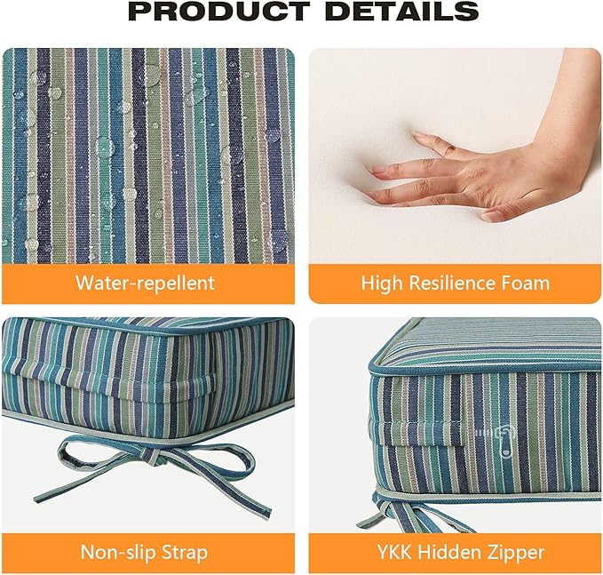 Sunbrella Square Corner Seat Cushions, 19" x 19" x 3", Set of 4, Indoor Outdoor Water Repellent Universal Chair Pads with Ties for Patio Furniture, Garden Dining Chairs, Swell Turquoise