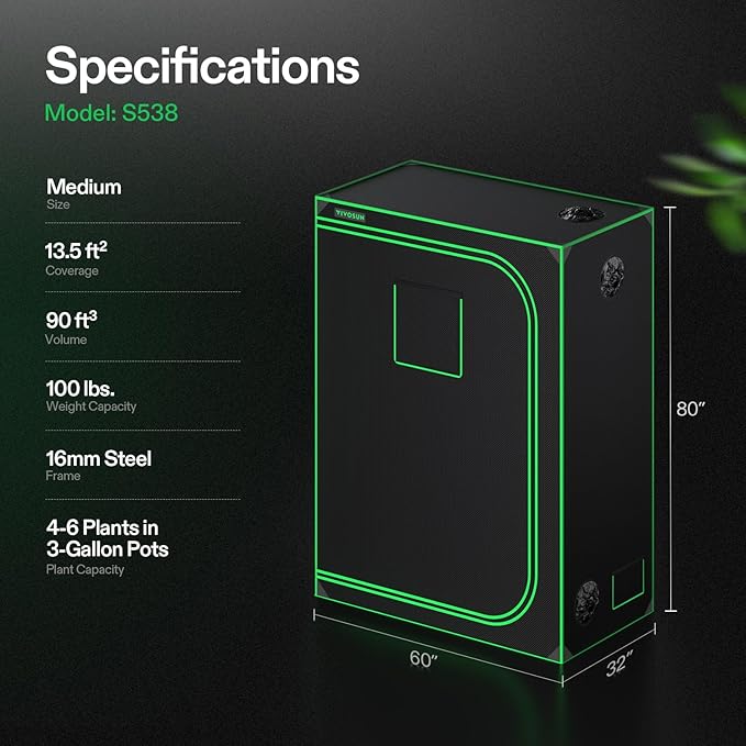 VIVOSUN S538 5x2 Grow Tent, 60"x32"x80" High Reflective Mylar with Observation Window and Floor Tray for Hydroponics Indoor Plant for VS2000/VSF4300
