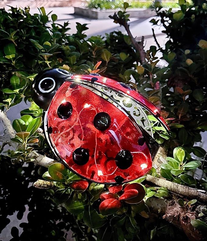 Teaeeno Ladybug Solar Lantern Pattern Light,Hanging Waterproof LED Solar Lights Outdoor Decorative,Sun-Powered Tabletop Lanterns,Metal Solar-Powered Lantern Outdoor