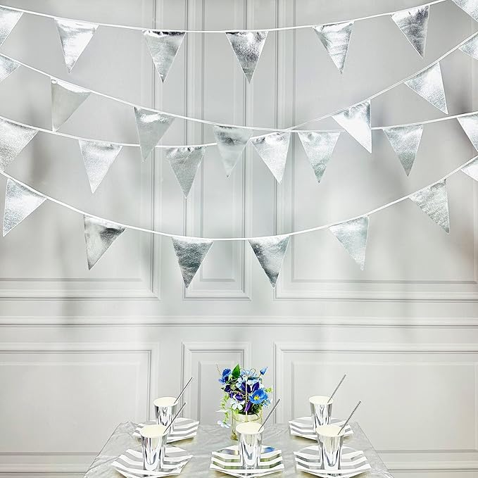 Silver Party Decorations Metallic Fabric Triangle Pennant Banner Silver Flag Bunting Garland for Graduation Birthday Wedding Bridal Shower Anniversary Engagement Bachelorette Party Decoration Supplies