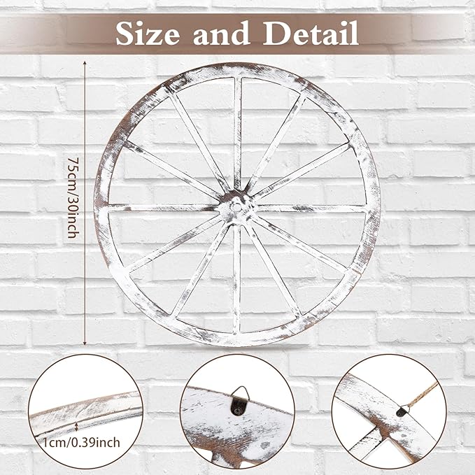 Wood Wagon Wheel Decorative Old Western Style Wagon Wheel Decor Vintage Rustic Wall Hanging Wood Cartwheel Decor for Garden Bar Patio Garage Farmhouse(30 Inch,Old White)