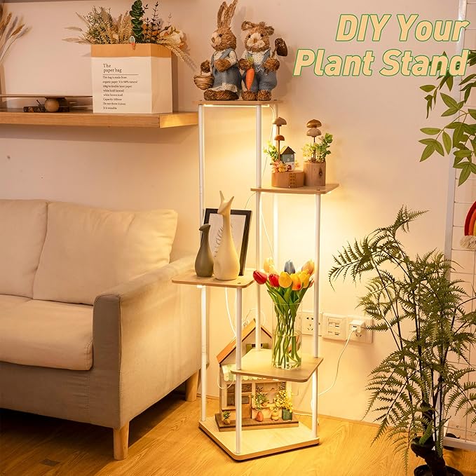 Dreyoo Plant Stand with Grow Light Indoor, 5 Tier 5 Potted Sturdy Metal Plant Shelf, Multiple Plant Holder Tall Plant Ladder for Display Plant Flower Corner Living Room Office (White, Wood Color)