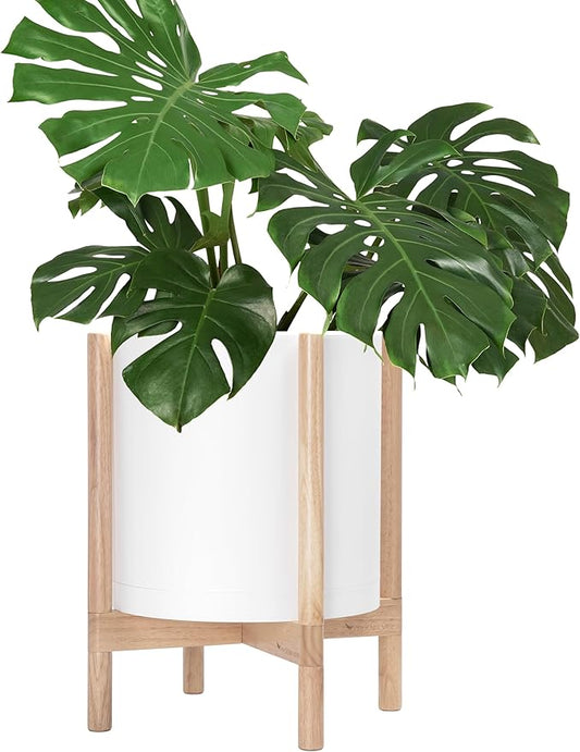 D'vine Dev Planter Pot with Stand - 14 Inch Plastic Cylinder Flower Pot with Wood Planter Holder for Indoor, Matte White Pot + Natural Stand, 55-C-S-1
