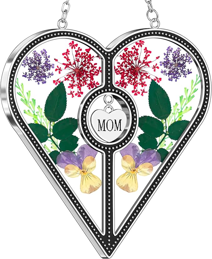 KY&BOSAM Heart Suncatcher Mom Stained Glass for Windows Hangings Wind Chimes with Pressed Flower Heart in Glass with Metal Trim Heart Charm Birthday Gifts for Women Mother`s Day Christams Home Decor