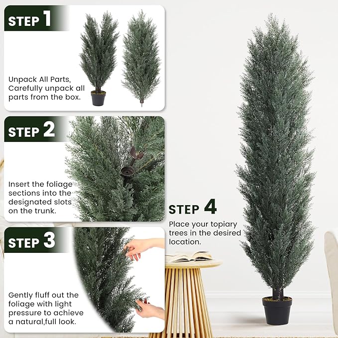 THE BLOOM TIMES 5ft Topiary Trees Artificial Outdoor – UV Resistant Faux Cedar Pine Cypress Bushes and Shrubs, Fake Potted Plants for Front Porch Outside Planter Patio Decor, Set of 2 (5 Foot)
