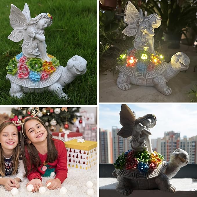 Garden Statues Outdoor Decorations Solar Turtle Angels Decor with Succulents LED Lights Garden Ornaments Figurines for Patio Yard Lawn Gifts for Women Grandma