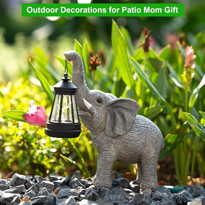 Solar Garden Statue Lights Elephants Figurine with Solar Lantern, Outdoor Yard Decorations for Patio Porch Home, Christmas Elephant Gifts for Women - Unique Housewarming Gifts