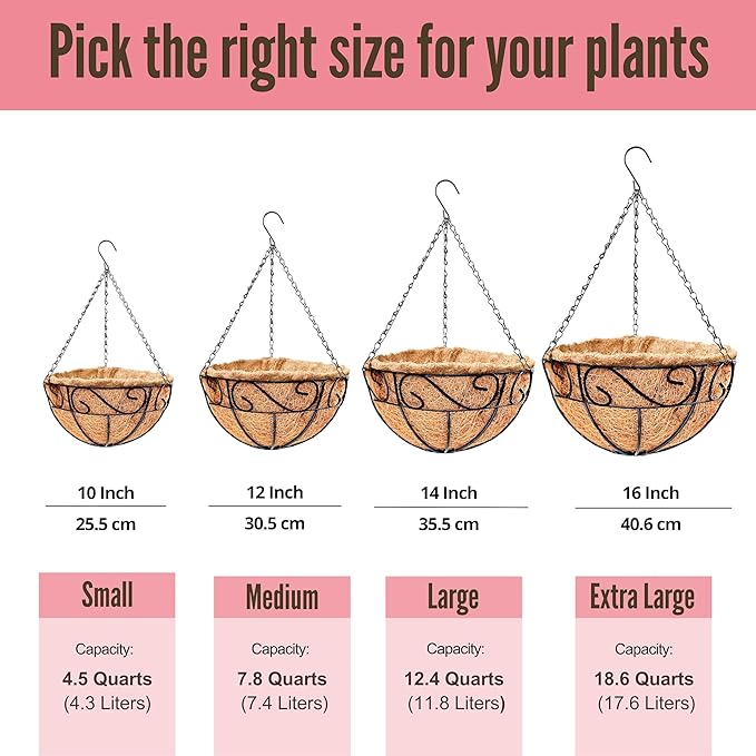 LaLaGreen Hanging Planter for Outdoor Plants (4 Pack, 16 Inch) Hanging Baskets with Coco Liner, Metal Wire Flower Basket Pots with Hook Hanger Balcony Porch Farmhouse Country Style Garden Decor