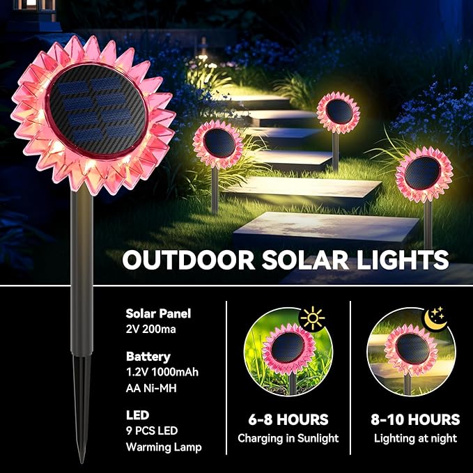 Outdoor Solar Lights, 4 Pack Led Solar Sunflower Lights, Stake/Wall 2-in-1 Waterproof Solar Garden Lights for Yard, Landscape, Fence, Patio, Driveway, Pathway, Backyard Decoration (Warm White)